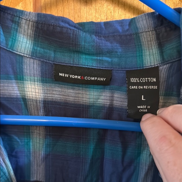 New York & Company Blue Notched Collar Button Down Shirt - Picture 2 of 6